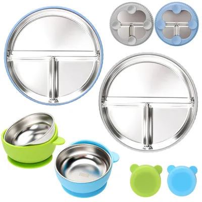 Produktbild von Set mit 4 Edelstahl-Babytellern mit Silikon-Saugnapf