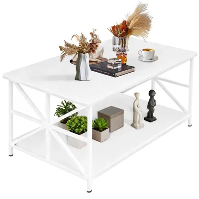 Produktbild von Couchtisch - Wohnzimmertisch - Rechteckig - 2 Ablagen - X-Gestell Metallbeine - 100 x 52 cm - Holz - Dunkelkhaki