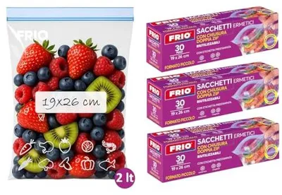Immagine prodotto di Sacchetti per alimenti FRIO 90, sigillati ermeticamente, dimensioni 19 x 26 cm, capacità 2 litri, chiusura a doppia cerniera