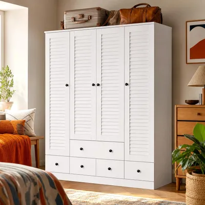 Produktbild von 180 cm Hoher Weißer Kleiderschrank mit 5 Schubladen, Garderobenschrank mit Ablagefächern, für Schlafzimmer, Weiß, MDF, 150 × 180 × 48 cm