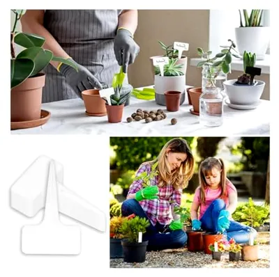 Produktbild von Pflanzenschilder, wetterfeste T-Form Stecketiketten zum Beschriften für den Garten (100 Stück, weiß, 2 Stile)