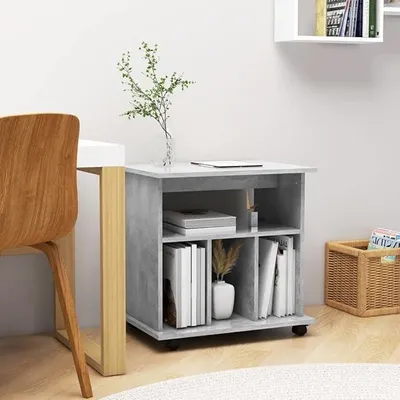 Produktbild von Rollschrank Betongrau 60x45x60 cm Holzwerkstoff Rollcontainer mit Regalen, Mobiler Aktenschrank mit Rollen, Bürocontainer Beistelltisch für Wohnzimmer, Büro