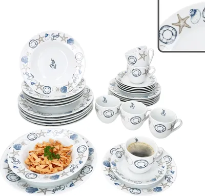 Zdjęcie produktu dla Neptun 30-częściowy zestaw porcelany z motywami morskimi niebieskie talerze filiżanki