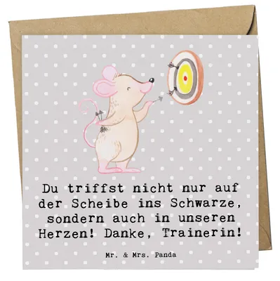 Produktbild von Mr. & Mrs. Panda Glückwunschkarte Darts Trainerin - Grau Pastell - Geschenk, doppelkarte, Danksagung, ins Schwarze treffen, Langlebig, Klappkarte, Geschenkidee, faltkarte
