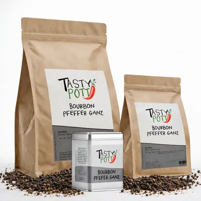 Produktbild von Tasty Pott Bourbon Pfeffer schwarz, ganz - im Beutel - 250g
