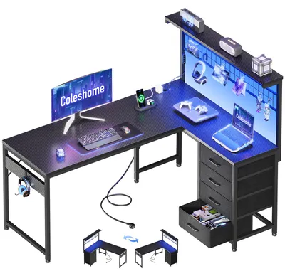 Gaming-Schreibtisch L-Form, 130x100 cm, mit 4 Schubladen, Schwarz