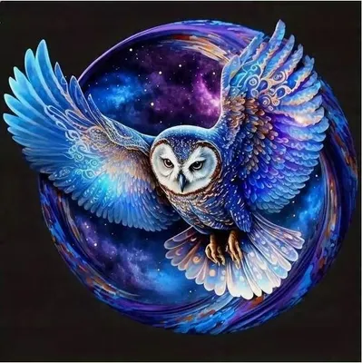 Produktbild von "Malen nach Zahlen: Eule im Flug vor Sternenhimmel, 50x40 cm, mit Rahmen. Kreatives Bild."