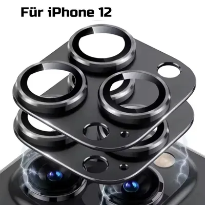 A close-up view of camera lens protectors for an iPhone 12, stacked on top of each other.