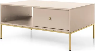 Produktbild von Couchtisch 150 cm Monti - Wohnzimmertisch mit Schubladen, Metallbeine 18 cm, Goldene Griffe (Beige + Gold)
