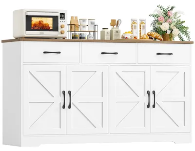 Image de Buffet de cuisine - Meuble de cuisine avec plan de travail - 150 cm de large - 4 portes - Bois - Blanc