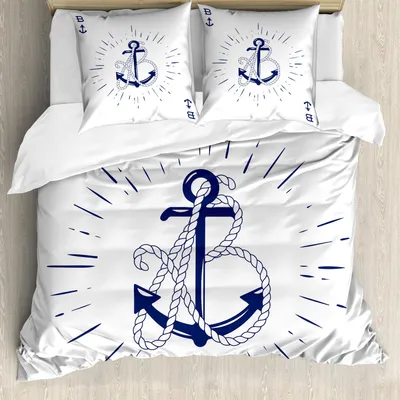 Produktbild von ABAKUHAUS Vintage Nautical Tattoo Bettbezug Set, Vintage Anchor and Rope Starbursts Cardinal Route Drucken, 200 x 200 cm + 80 x 80 cm, Indigo und Weiß