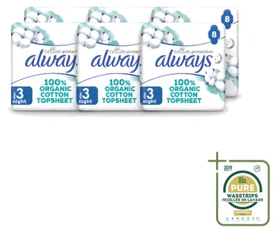 Imagen del producto de 6 paquetes de toallas sanitarias nocturnas Always Baumwolle Protection con alas, 100% algodón orgánico, paquete económico, 6 unidades por paquete