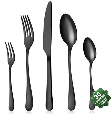 Immagine prodotto di Set di posate da 30 pezzi - Set di posate per 6 persone - Posate in acciaio inossidabile - Colore nero opaco - Adatte al lavaggio in lavastoviglie - Ideali per famiglie - Servizio di posate