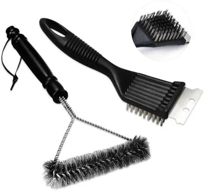 Productafbeelding van Ibenzoa® Profi-grillborstelset, 2-delig, van roestvrij staal met schraper en hittebestendig PE-handvat – robuuste reiniging voor gietijzeren grillroosters