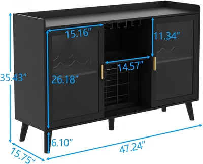 Image de Armoire à vin indépendante noire avec éclairage LED, clayettes à vin et porte-verres – Buffet de cuisine pour le vin et les spiritueux