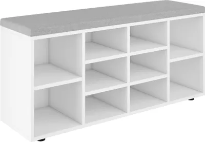 Produktbild von YUMEBLY Schuhbank mit Polsterung | 104x44x30 cm | Schuhregal mit 10 Fächern | Schuhaufbewahrung für Flur, Eingang, Schlafzimmer | Weiß-Grau