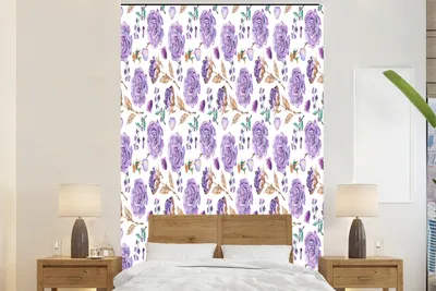 Produktbild von MuchoWow® Fototapete für Wohnzimmer oder Schlafzimmer Wandtapete Vinyl Motivtapete Blumen - Lila - Rosen - 225x350 cm - Schlafzimmer tapete