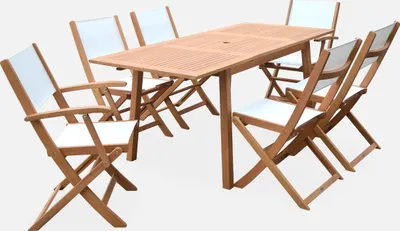 Immagine prodotto di Set tavolo da giardino rettangolare allungabile in legno con 6 sedie, Marrone naturale