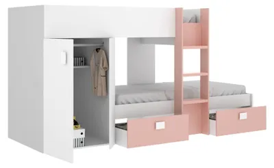 Produktbild von Kinderbett Dbajram, Komplettes Schlafzimmer mit Kleiderschrank und Schubladen, Etagenbettkomposition mit zwei Einzelbetten, 271 x 111 x 150 cm, Weiß und Rosa