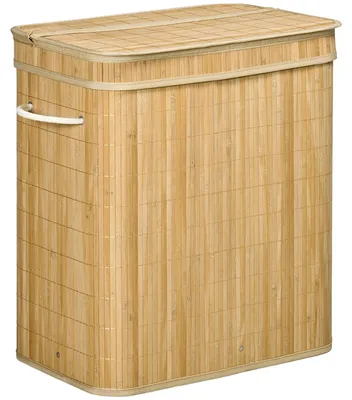 Image de Panier à linge en bambou - Collecteur de linge de 90 litres - 2 compartiments - Pliable - Avec couvercle - Naturel