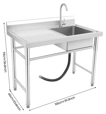 Produktbild von Freistehende Spüle - Gewerbespüle - Edelstahl 201 - Einzelbecken - Becken rechts - Arbeitsfläche links - 360°-Armatur mit einem Loch - 100 x 60 x 93 cm