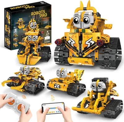 Produktbild von Technik Roboter Kinder fuer Jungen, 5 in 1 Roboter Programmierbares Bauspielzeug mit Ferngesteuert & App,Kreatives Geschenk fuer Kinder ab 6+ Jungen Maedchen (Gelb)