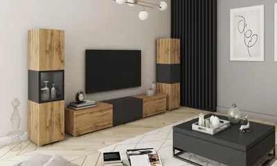 Obrázek produktu pro Moderní obývací stěna Berlin 180 cm černá / dub Wotan do obývacího pokoje