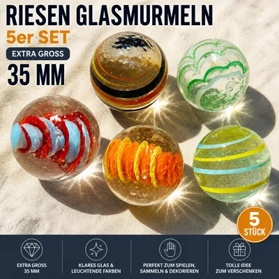 Produktbild von 5 Stück XXL Glasmurmeln 35 mm – handgefertigte bunte Riesen Murmeln aus Glas – Sammler & Deko, KI-generiertes Bild