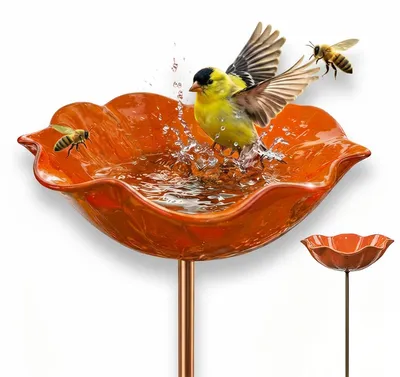 Produktbild von Vogeltränke Garten Metall, Bienen Tränke mit Erdspieß, rostfrei & frostbeständig, dekorative Gartenskulptur für Vögel, Bienen & Schmetterlinge-orange Farbe