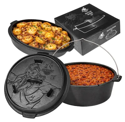Produktbild von Gusseisen Dutch Oven 6 Liter, Deckel als Pfanne, vorbehandelt, für offenes Feuer und alle Herdarten