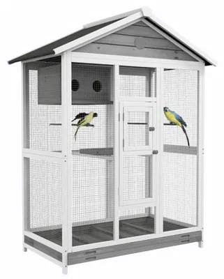 Obrázek produktu pro Dřevěná klec pro ptáky s 4 krmítky | Barva: bílá, šedá, černá | Rozměry: 68 x 112 x 154 cm