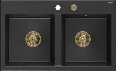 Produktbild von Mexen Hektor Granitspüle 2-beckig 800 x 480 mm, schwarz/silber metallic, goldener Siphon - 6521802000-73-G