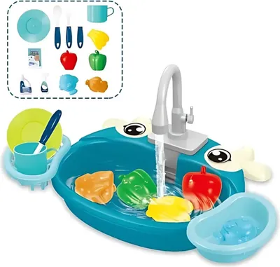 Produktbild von Kinder Küchenspüle mit fließendem Wasser elektrische Armatur Geschirr- und Besteckset Spielzeug - PlaySink