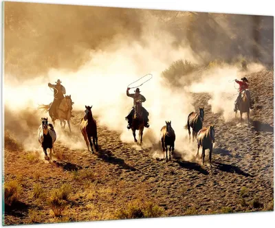 Produktbild von Bilder auf glas - Cowboys Pferde Galopp - 100x70cm - Glasbilder - Wandbilder - Kunstdruck - zum Aufhängen bereit - Wanddekoration aus Glas - Glas Bilder - Wandbild auf Glas - GAA100x70-2693