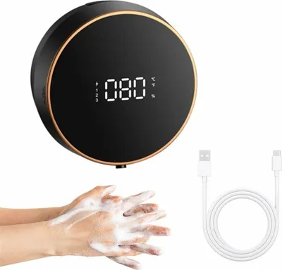Obrázek produktu pro Automatický nástěnný dávkovač mýdla, elektrický dávkovač mýdla, dobíjecí, s ukazatelem teploty, vhodný pro děti i dospělé (černý)