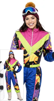 Productafbeelding van Ski-pak uit de jaren 80, retro, vintage, avontuurlijke look, eendelig, geschikt voor snowboarden, carnavalskostuum, maat: 36 - 38 (S), kleur: meerkleurig