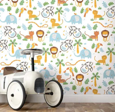 Produktbild von NEWROOM Tapete Bunt Vliestapete Tiere - Kinderzimmertapete Kinder Weiß Dschungel Zoo Dschungeltapete Tropisch Tiertapete