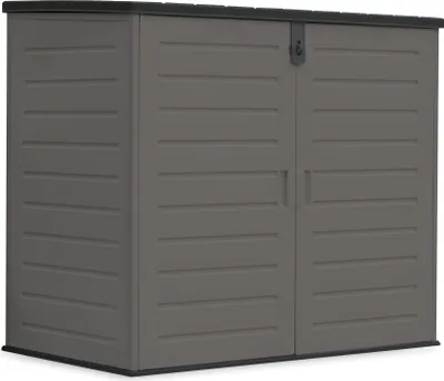 Produktbild von Wasabi - 1170 L Kunstharz Aufbewahrungsschrank – 140x82x124 cm – Inklusive Boden - Doppeltür und Klappdeckel mit Scharnieren - Metallstruktur - Riegelverschluss – Gartenlagertruhe