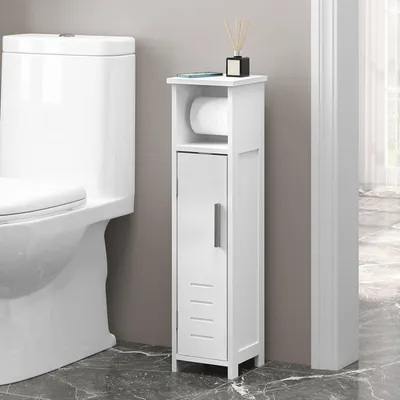Produktbild von Eugad Badregal Weiß, 18Tx18Bx71H cm, freistehend, schmal, mit Toilettenpapierhalter, offener Ablage und 2 Fächern hinter Tür, E1 MDF, Stecksystem