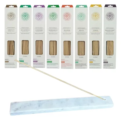Image de Assortiment 200 pièces Essential Bâtons d'encens 8 parfums merveilleux - 8 x 25 pièces - y compris le porte-encens en marbre