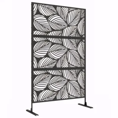 Produktbild von Garten Sichtschutz 122x198cm aus Stahl, Freistehende Metall Trennwand mit Blättermuster als Raumteiler & Rankgitter für Balkon Terrasse (Schwarz)