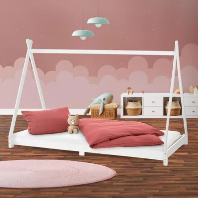 Produktbild von ML-Design detská posteľ Tipi 90x200 cm s lamelovým roštom, biela, indická posteľ z borovicového dreva