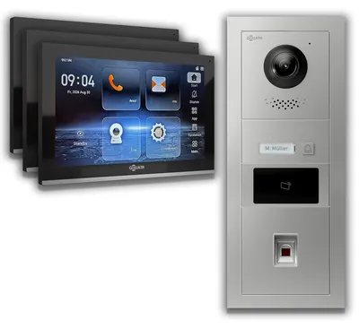 Produktbild von Goliath IP Video Türsprechanlage mit Kamera 10-Zoll Fingerprint RFID Silber : 3 Monitore : 10 Zoll Schwarz : Aufputz Dose Monitor Anzahl: 3 Monitore Monitor Farbe: 10 Zoll Schwarz Montage: Aufputz Dose