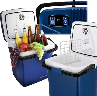 A collage of two blue portable coolers, one open showing drinks and fruit, and the other closed with a digital display on top.