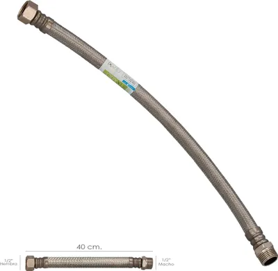 Productafbeelding van Flexibele, verstevigde thermische slang van roestvrij staal, mannelijke aansluiting 1/2" - vrouwelijke aansluiting 1/2", lengte 400 mm