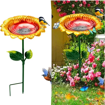 Imagen del producto de Bañera para pájaros, de metal, con forma de girasol, 64 cm de altura, para jardín