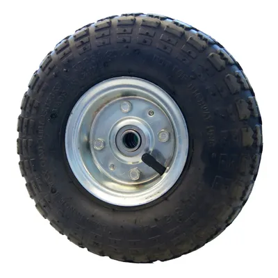 A close-up of a single wheel with a tire and rim.