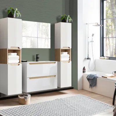 Produktbild von Badmöbel Komplett Set Hochglanz weiß mit Trüffel-Buche SOFIA-107 Keramik-Waschbecken & Spiegel, B/H/T ca. 180/200/46 cm