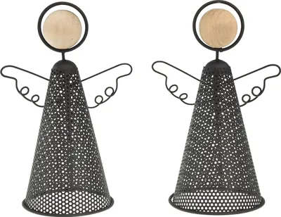 Produktbild von Elegante Metall Engel Figur Weihnachten 15,5 cm Schwarz Holz Deko 2er Set, 2 Stück
