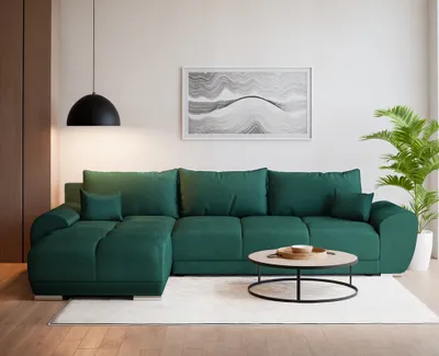 Immagine prodotto di PAWS MOBEL Divano angolare imbottito verde moderno con funzione di letto, divano angolare da soggiorno, velluto BERMO 290x183 cm